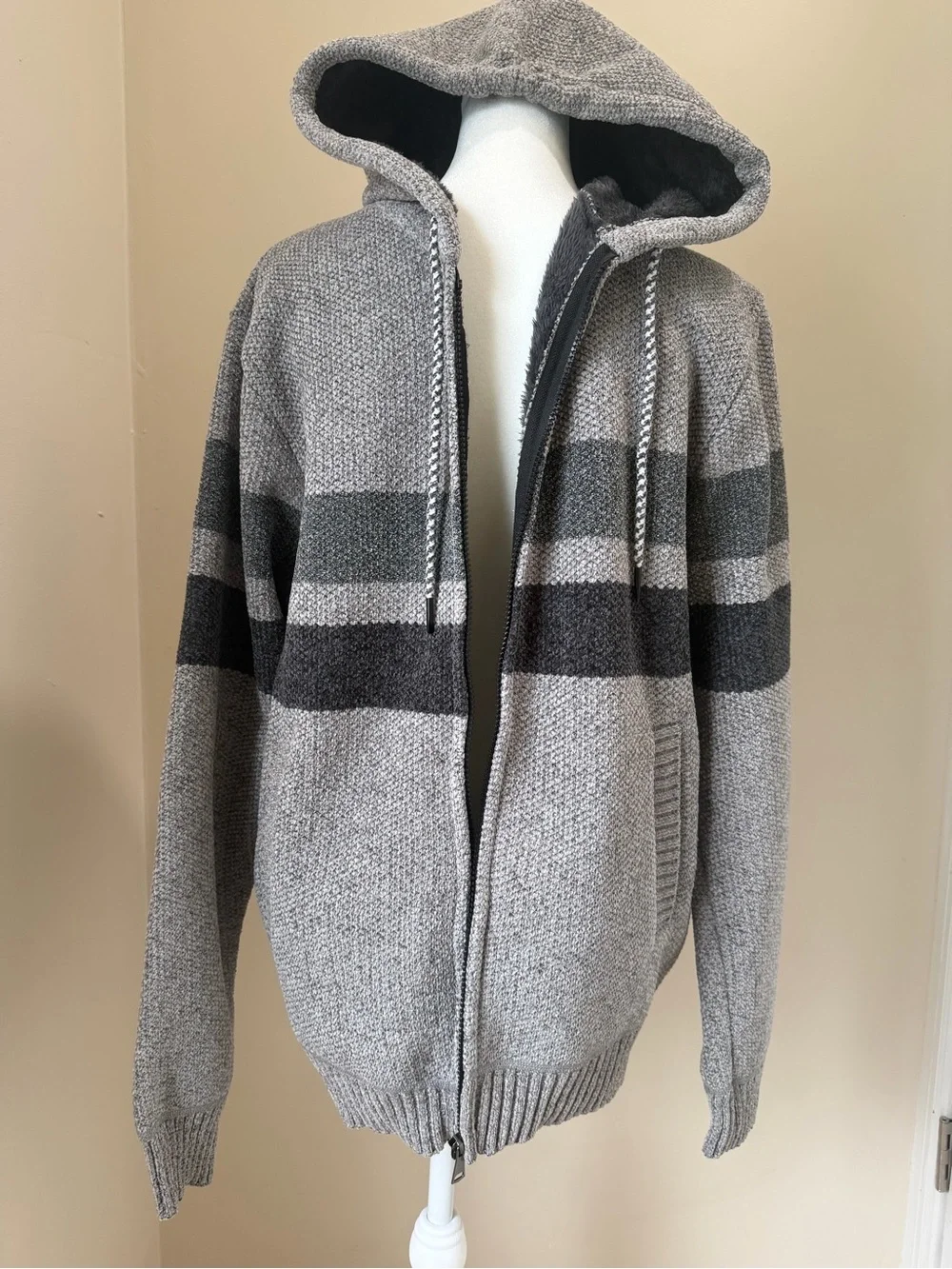 Men's Hooded Zip Sweater in Gray with Stripe Accents